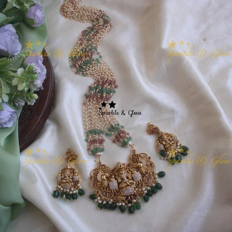 Beautiful multilayer multicolor pearl necklace with lakshmi carved elephant pendent - Sparkle and Glow