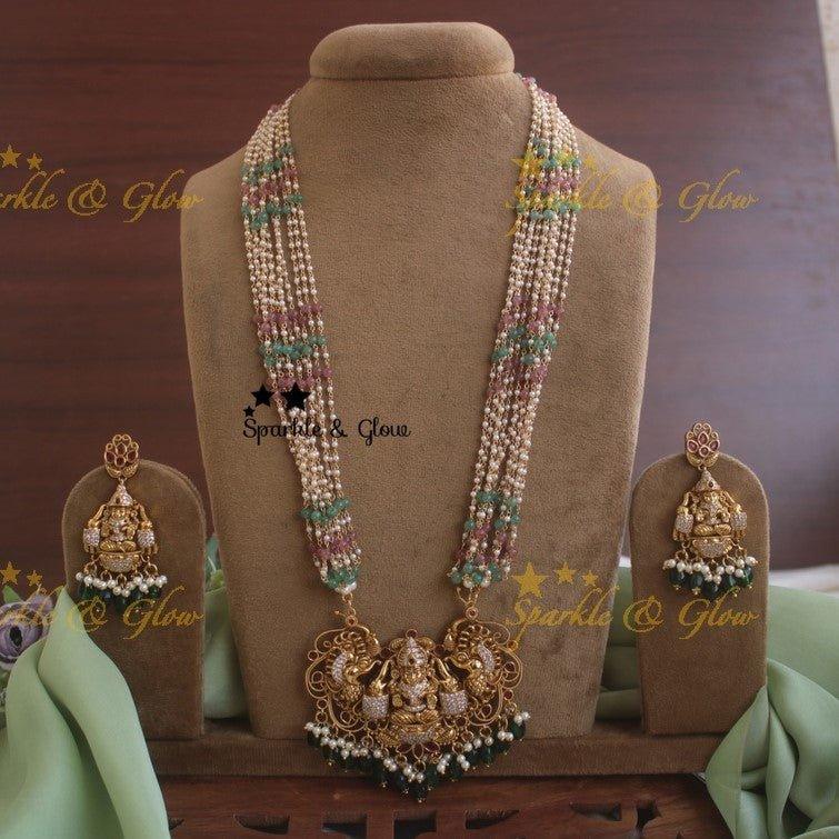 Beautiful multilayer multicolor pearl necklace with lakshmi carved elephant pendent - Sparkle and Glow