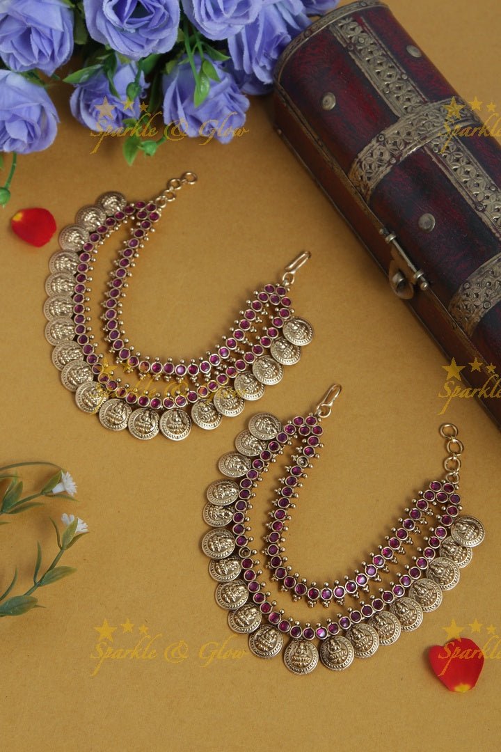 Beautiful pink stone lakshmi coin ear chain - Sparkle and Glow - 