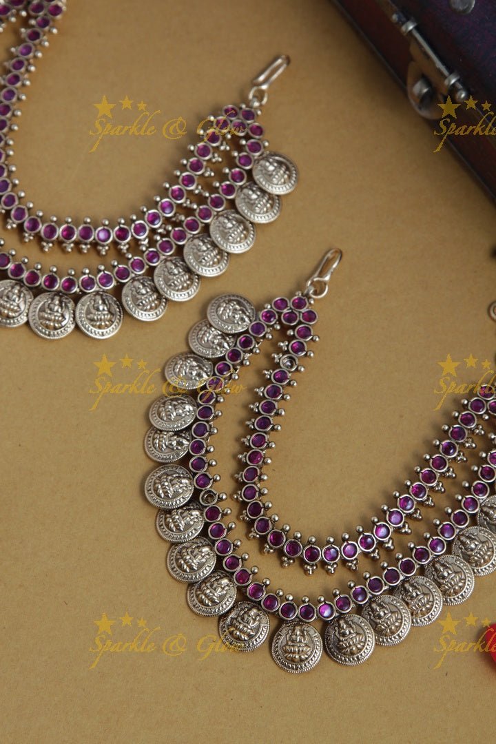 Beautiful pink stone lakshmi coin ear chain - Sparkle and Glow - 