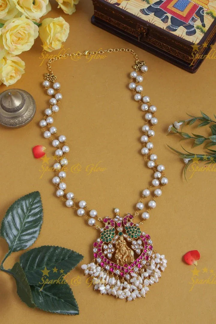 Jadau kundan peacock krishna carved pearl necklace - Sparkle and Glow