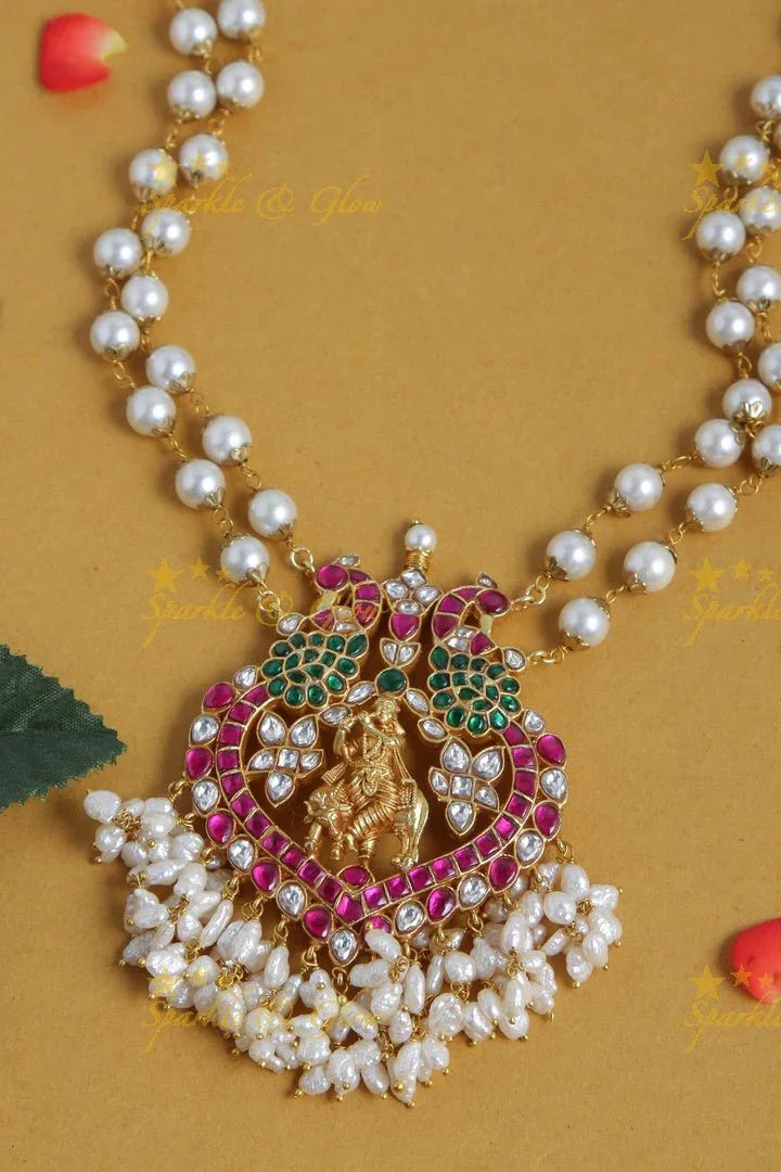 Jadau kundan peacock krishna carved pearl necklace - Sparkle and Glow