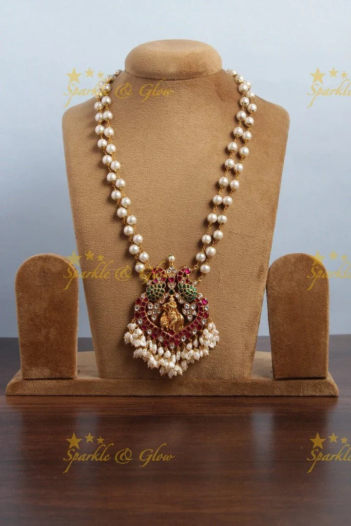 Jadau kundan peacock krishna carved pearl necklace - Sparkle and Glow