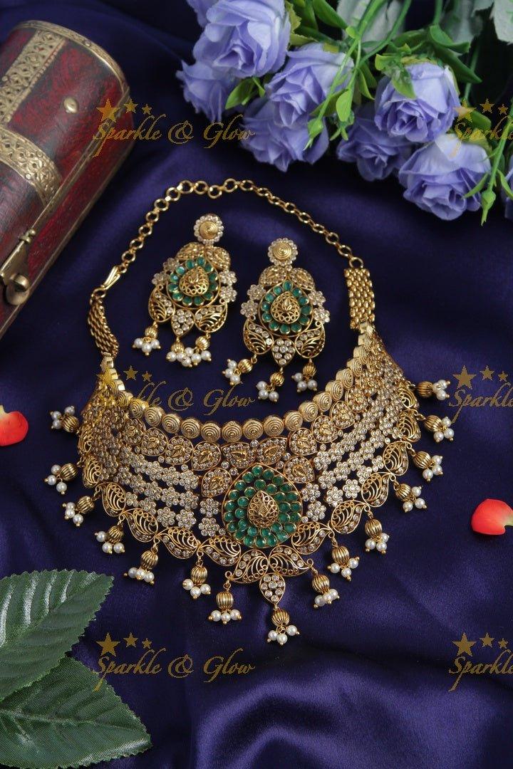 Intricately carved mango design pearl choker - Sparkle and Glow