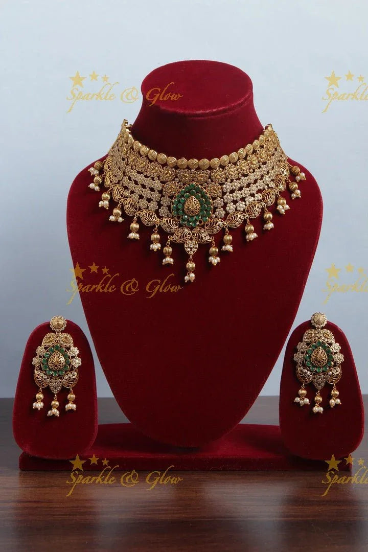 Intricately carved mango design pearl choker - Sparkle and Glow