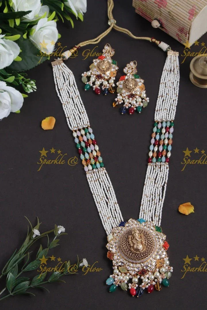 Gold alike pearl multi color kundan necklace with ganesh pendent - Sparkle and Glow