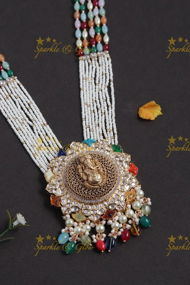 Gold alike pearl multi color kundan necklace with ganesh pendent - Sparkle and Glow