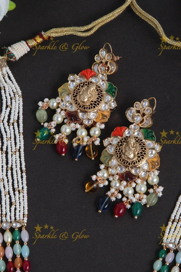 Gold alike pearl multi color kundan necklace with ganesh pendent - Sparkle and Glow