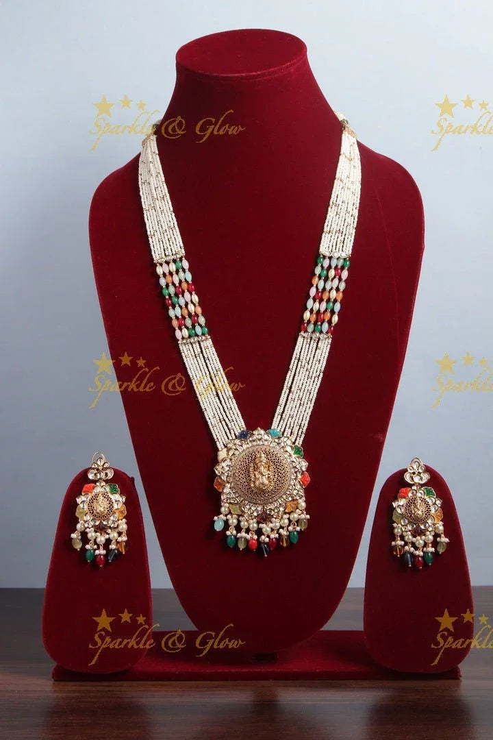 Gold alike pearl multi color kundan necklace with ganesh pendent - Sparkle and Glow