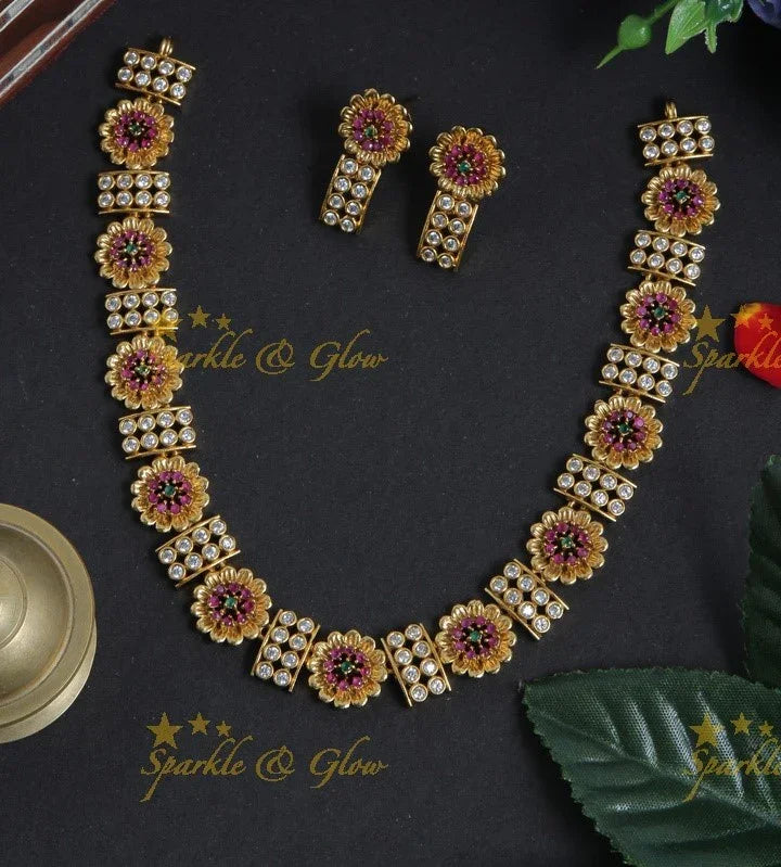 Premium Matt Floral stone necklace - Multi - Sparkle and Glow