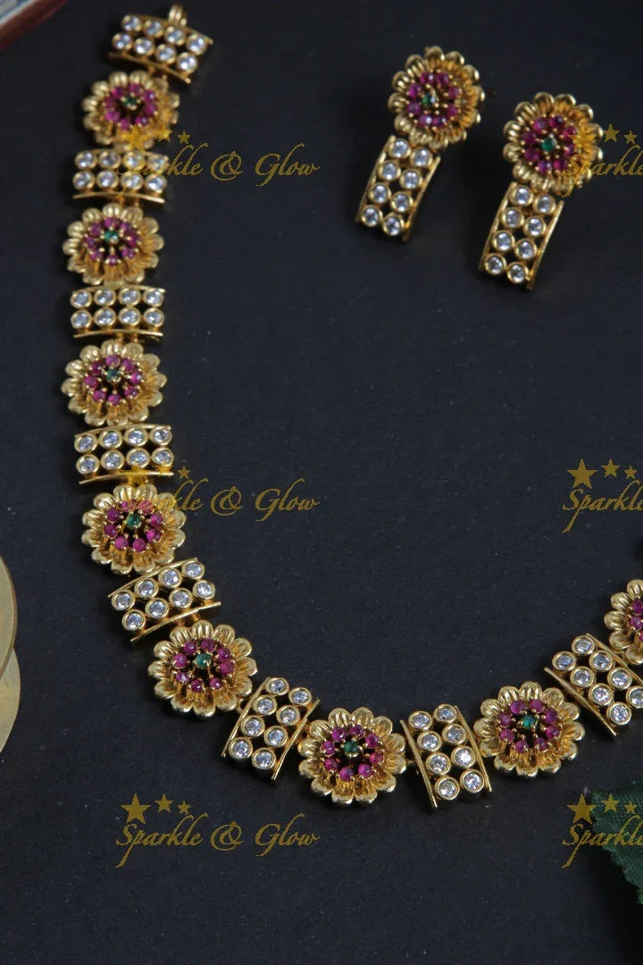 Premium Matt Floral stone necklace - Multi - Sparkle and Glow