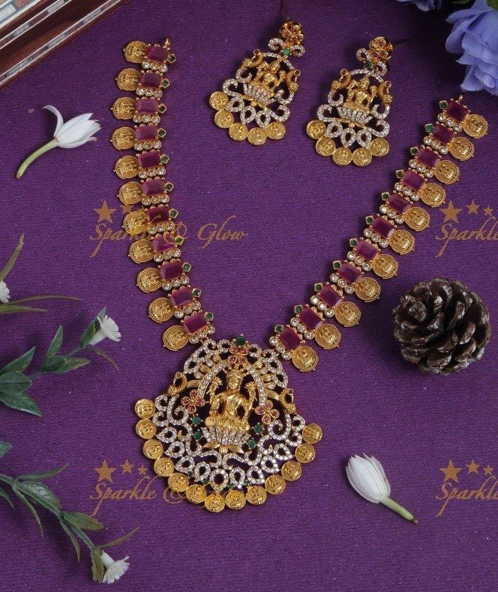 Intricately Carved Lakhsmi and lakshmi coin unique design necklace - Sparkle and Glow