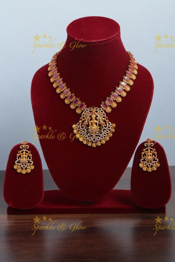 Intricately Carved Lakhsmi and lakshmi coin unique design necklace - Sparkle and Glow