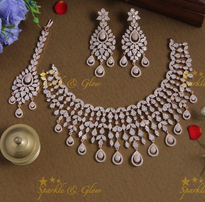 Beautiful short silver AD necklace with maang tikka