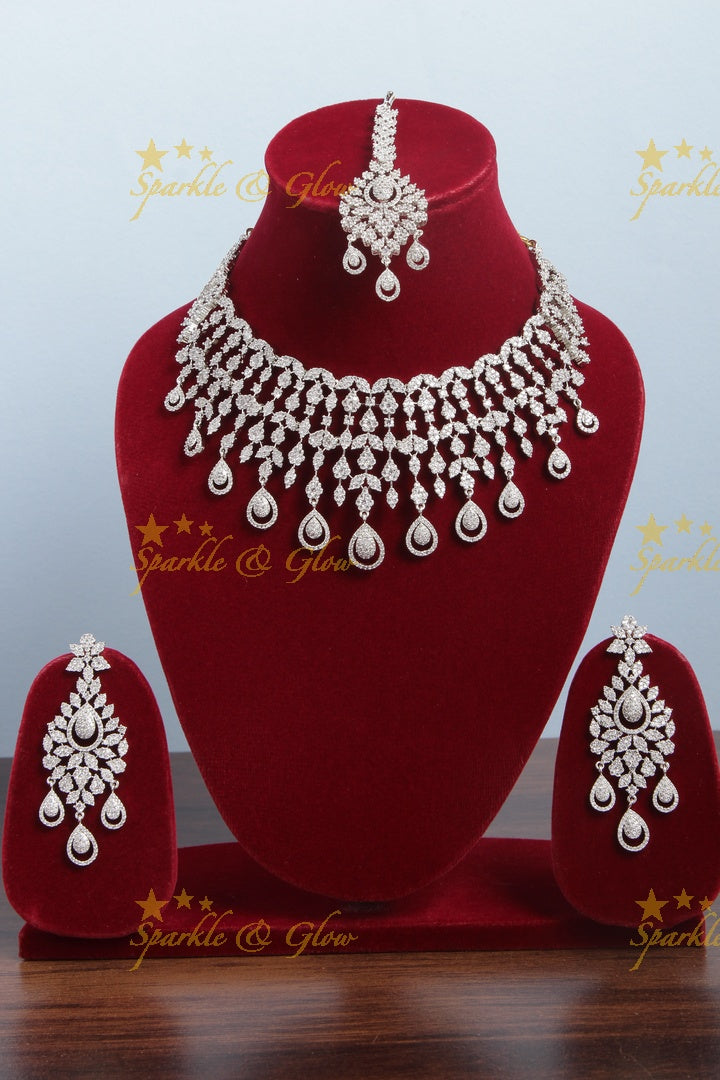 Beautiful short silver AD necklace with maang tikka