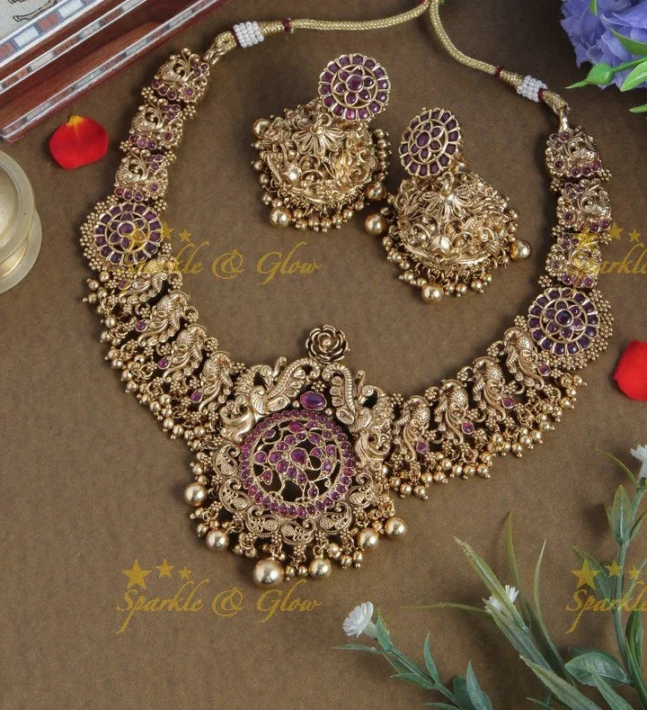 Intricately carved peacock floral necklace with gold beads - multi - Sparkle and Glow