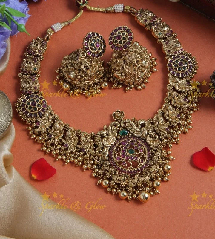 Intricately carved peacock floral necklace with gold beads - multi - Sparkle and Glow