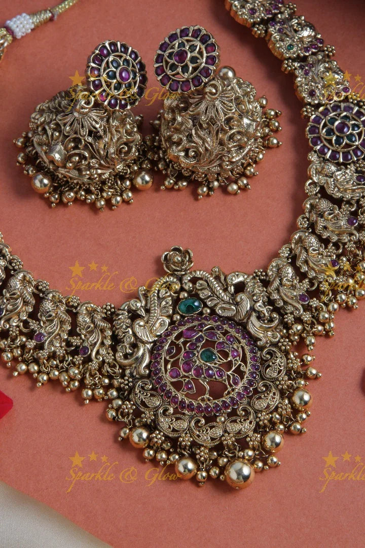 Intricately carved peacock floral necklace with gold beads - multi - Sparkle and Glow