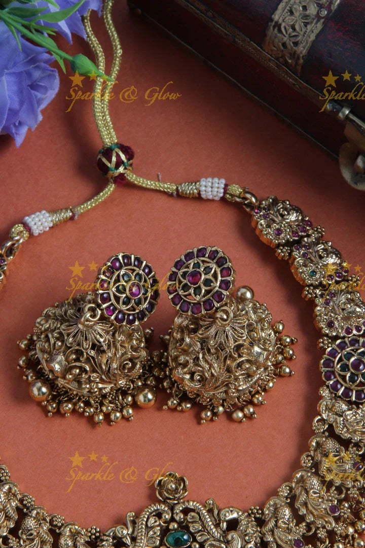 Intricately carved peacock floral necklace with gold beads - multi - Sparkle and Glow