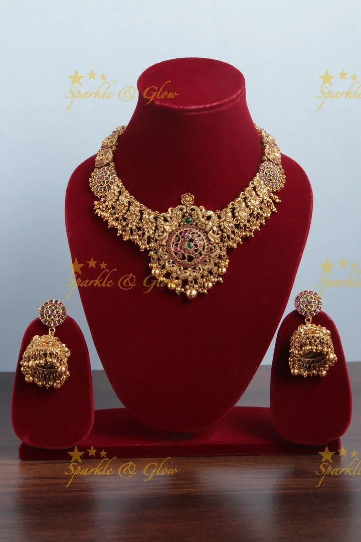 Intricately carved peacock floral necklace with gold beads - multi - Sparkle and Glow