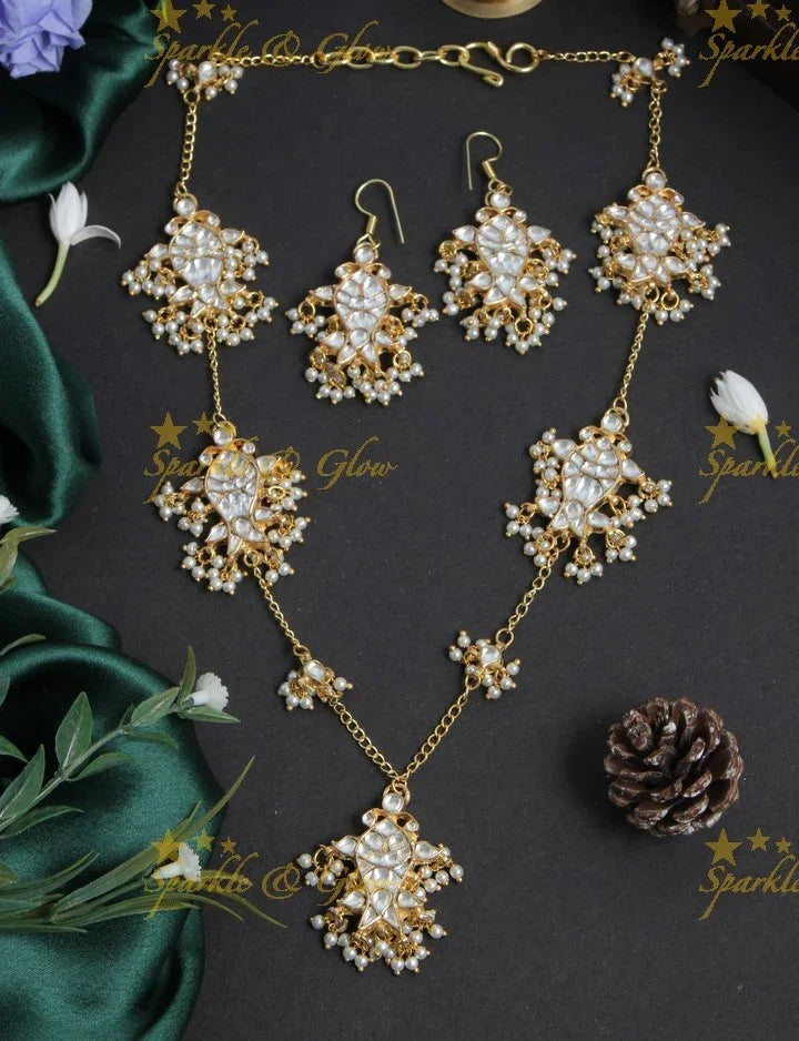 Beautiful gold alike fish shaped jadau necklace with pearls - pink - Sparkle and Glow