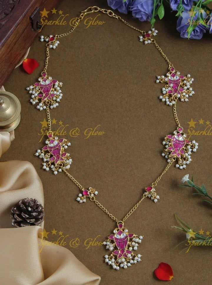 Beautiful gold alike fish shaped jadau necklace with pearls - pink - Sparkle and Glow