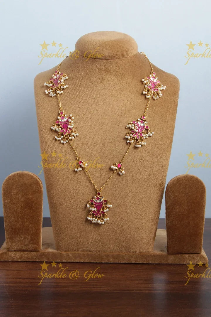 Beautiful gold alike fish shaped jadau necklace with pearls - pink - Sparkle and Glow