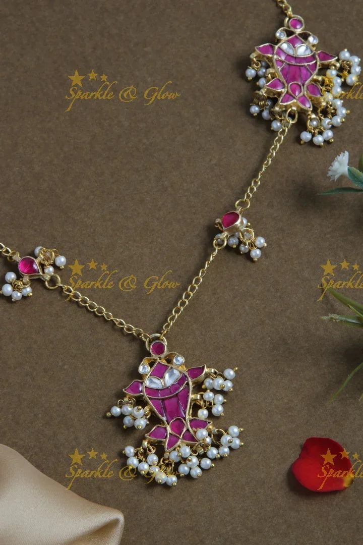 Beautiful gold alike fish shaped jadau necklace with pearls - pink - Sparkle and Glow