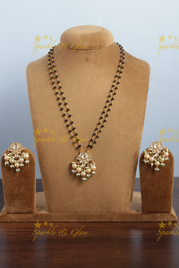 Black beads necklace with lotus jadau pendent and pearls - White