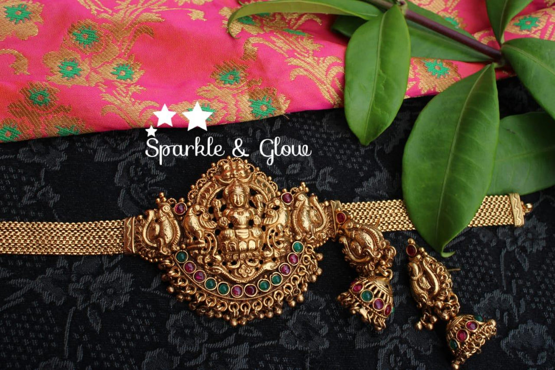 Lakshmi high neck choker with kemp stones - Multi Pearl - Sparkle and Glow