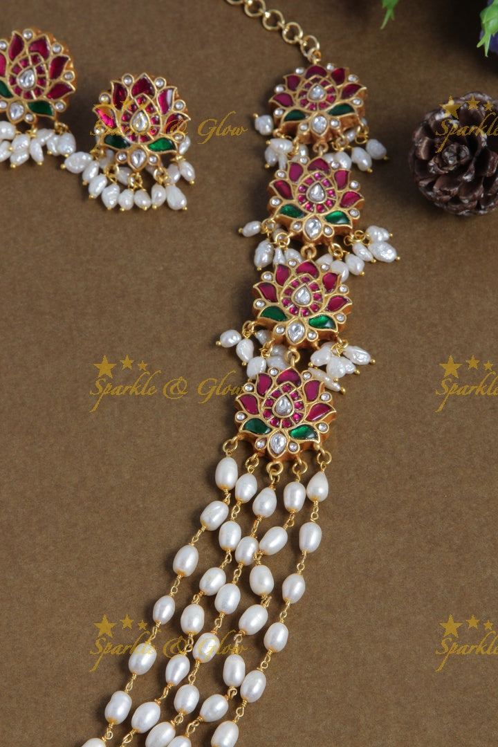 Beautiful jadau lotus layerred rice pearl haram