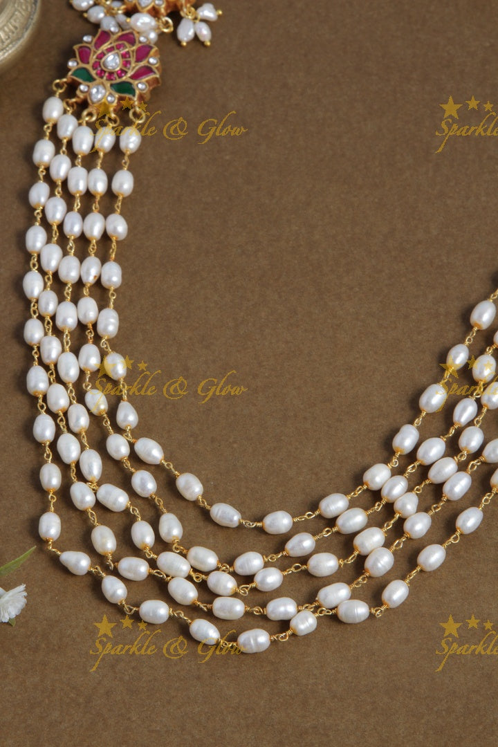 Beautiful jadau lotus layerred rice pearl haram