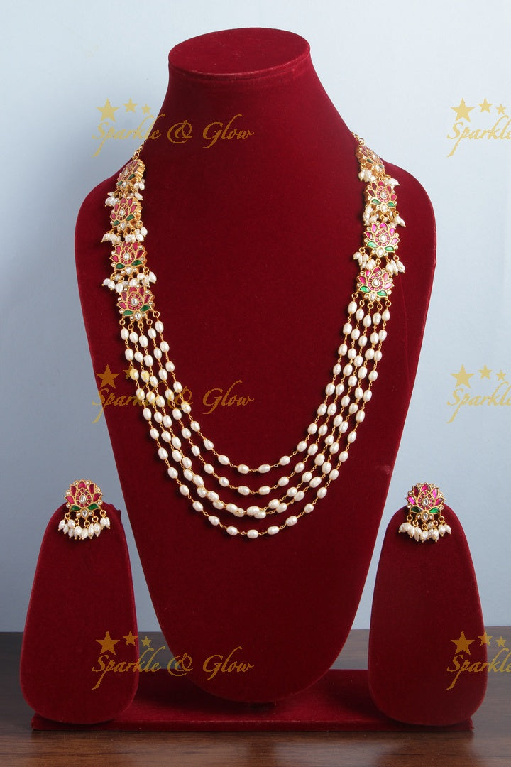 Beautiful jadau lotus layerred rice pearl haram