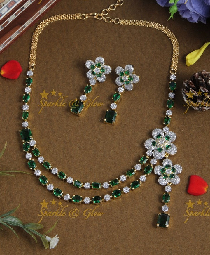 Two layered necklace with one sided floral pendent AD necklace
