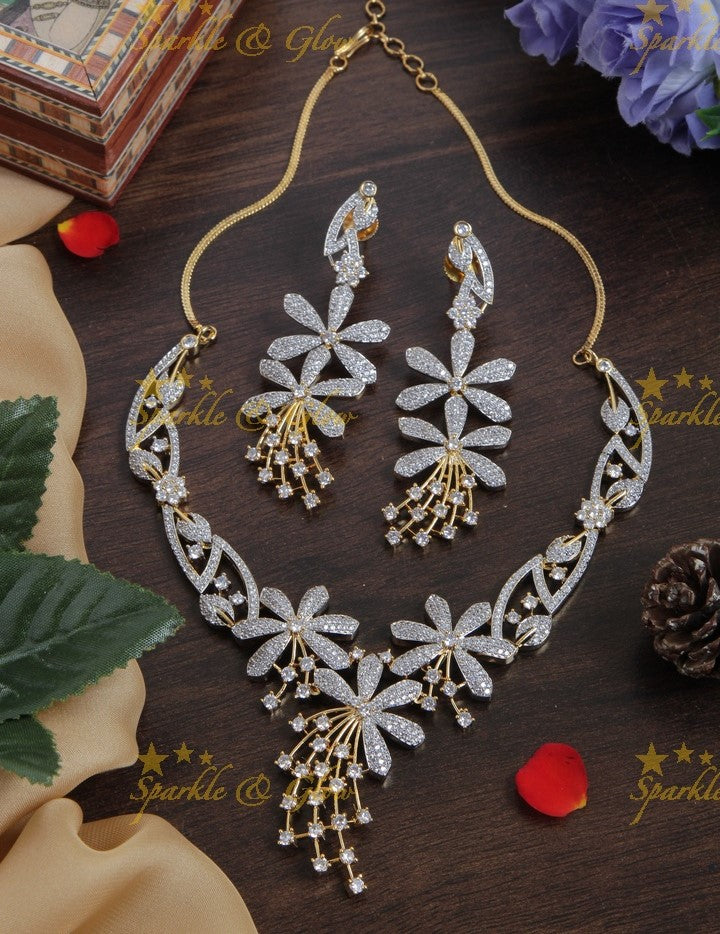 Beautiful floral dual polish gold stone AD necklace