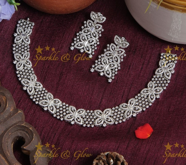 Glittering butterfly design AD stone silver necklace - gold