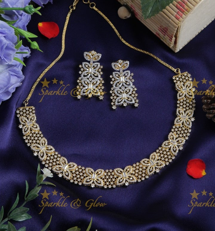 Glittering butterfly design AD stone silver necklace - gold