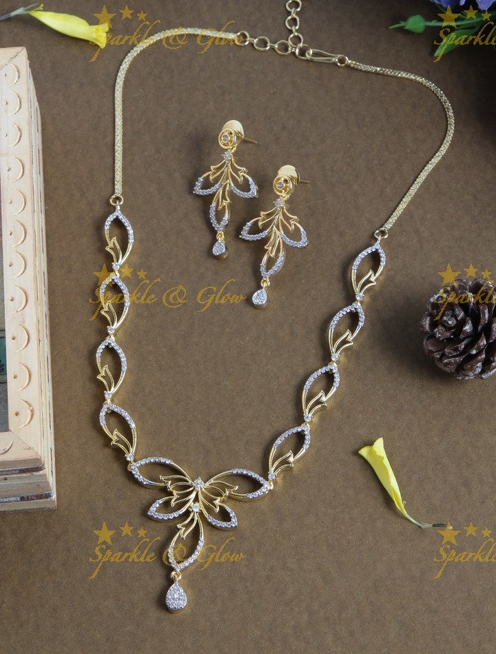Beautiful leaf heart shaped silver AD stone necklace