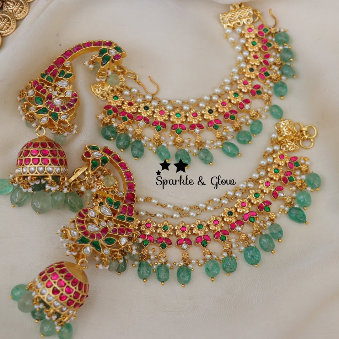 Exquisite Jadau Peacock Earrings & Earchain Set