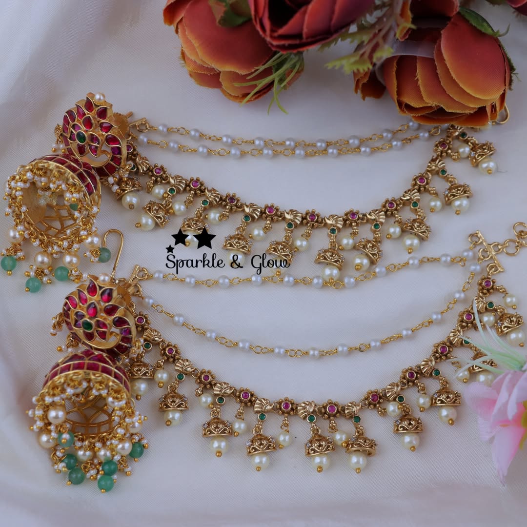 Exquisite Jadau Kundan Lotus Earrings & Chain Set