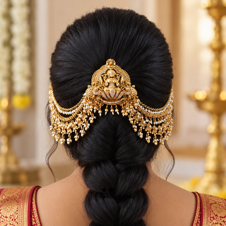 Elegant Lakshmi Jadabilla & Gold-Pearl Earrings Set