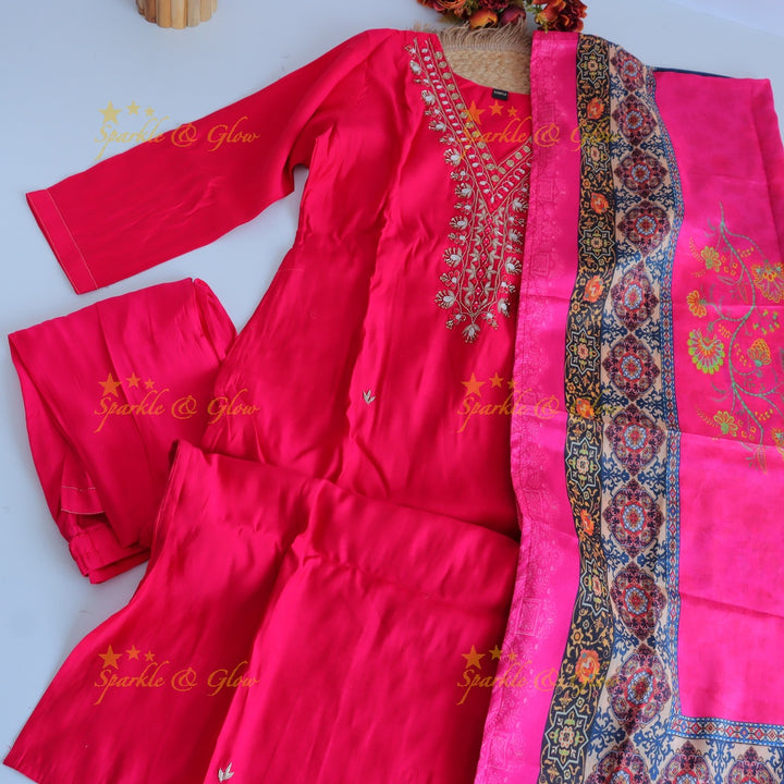 Stunning Modal Silk Kurti pant with digital Print Dupatta set- Pink