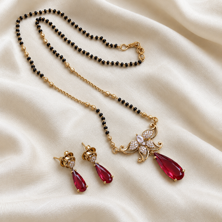 Floral Leaf Pendant Black Bead Mangalsutra