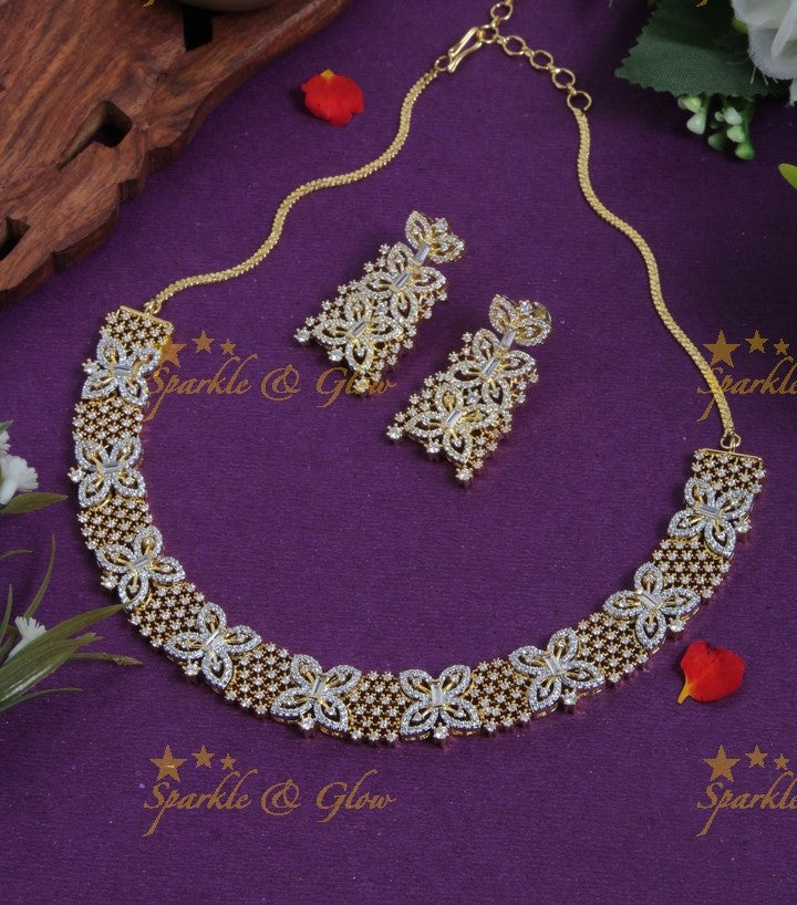 Glittering dual polish butterfly design AD stone silver necklace - Dual polish