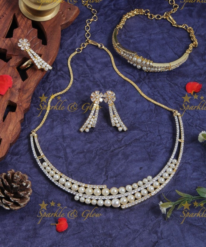 Two layer peal AD stone necklace with bracelet and ring