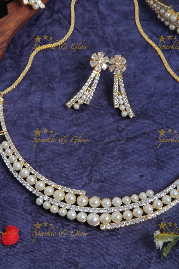 Two layer peal AD stone necklace with bracelet and ring
