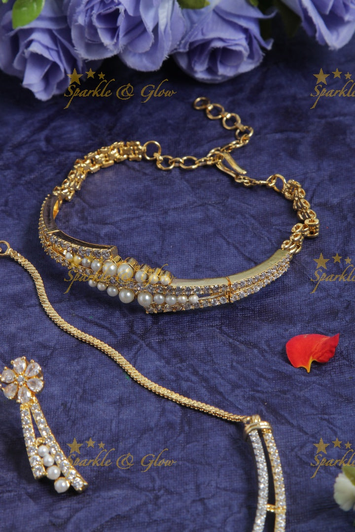 Two layer peal AD stone necklace with bracelet and ring