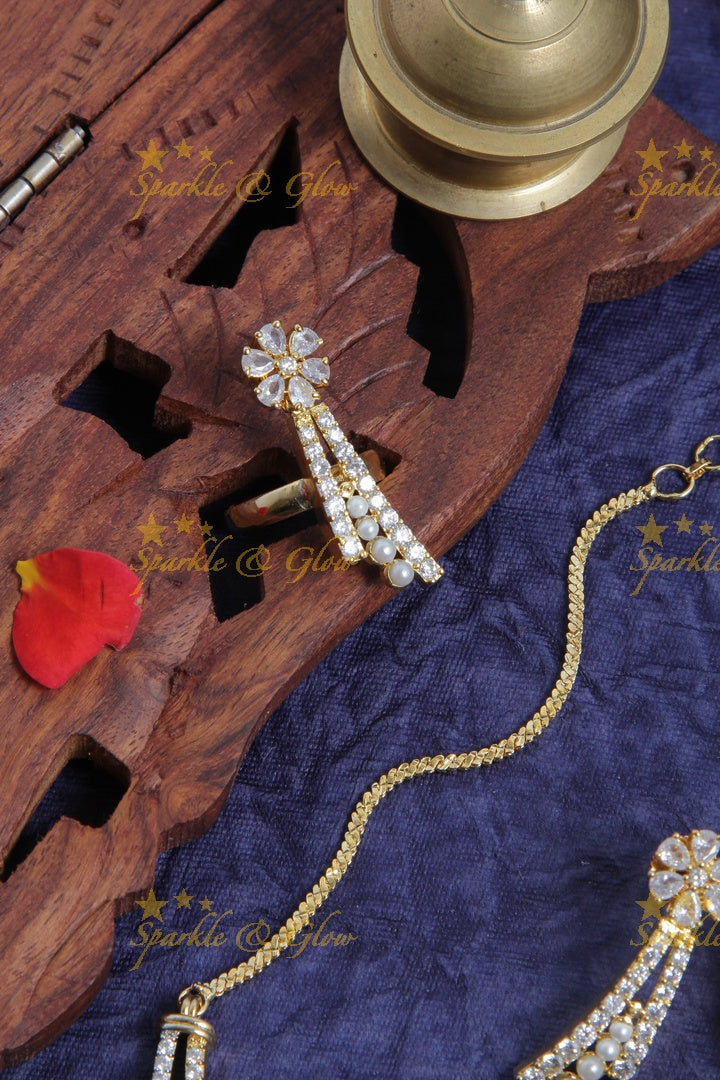Two layer peal AD stone necklace with bracelet and ring