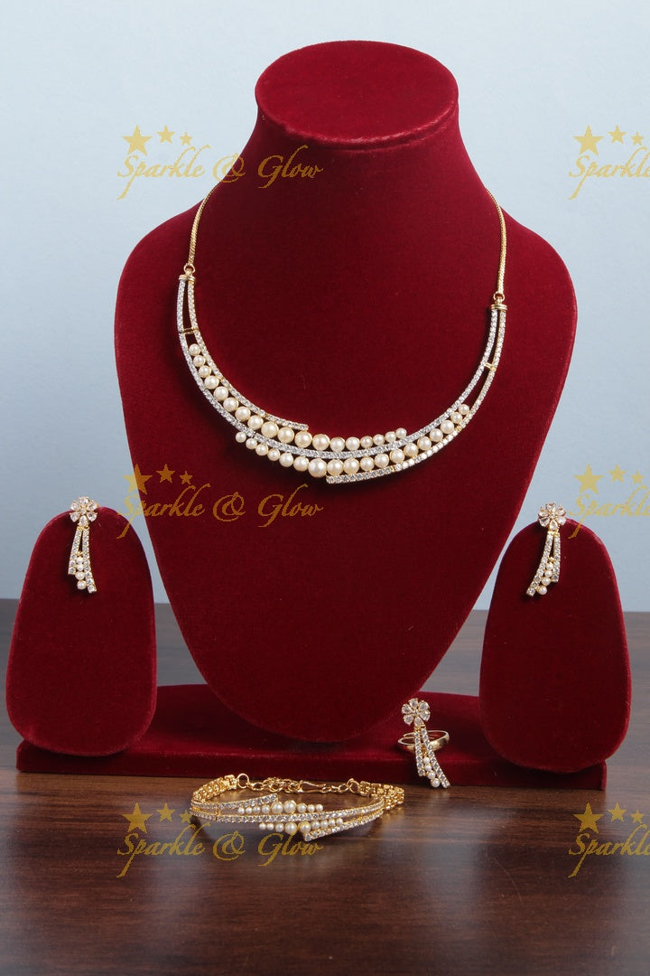 Two layer peal AD stone necklace with bracelet and ring
