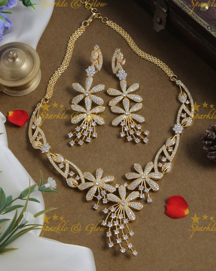 Beautiful floral dual polish gold stone AD necklace
